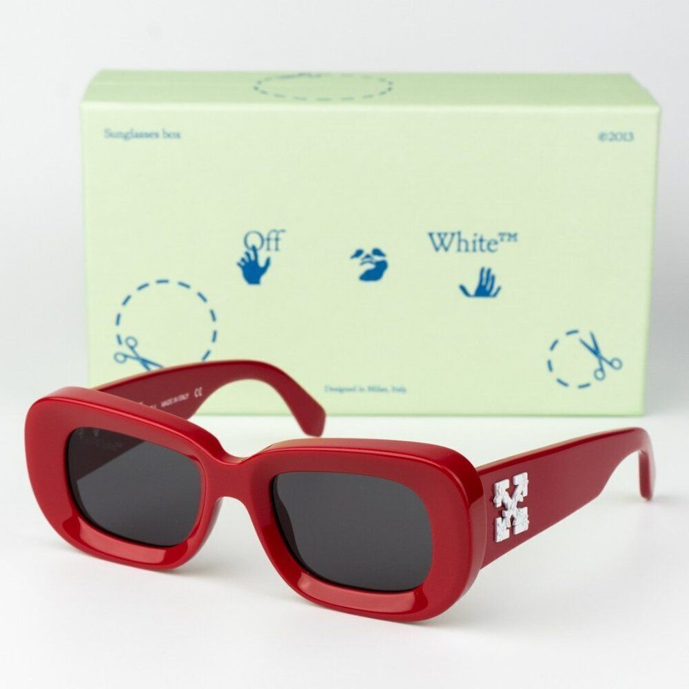 NEW Off-White CARRARA 507 Red Dark Grey Unisex Rectangular Sunglasses